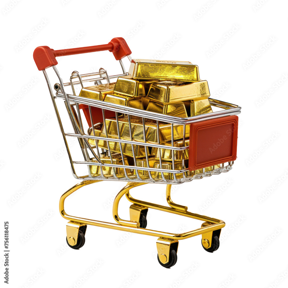 shopping cart full of gold bars on transparency background PNG
