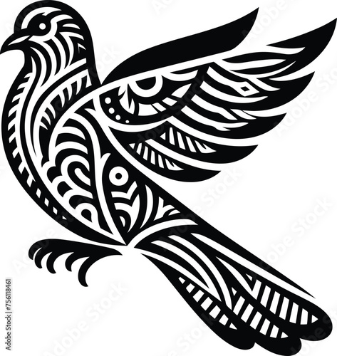 pigeon, dove, bird, animal silhouette in ethnic tribal tattoo,

