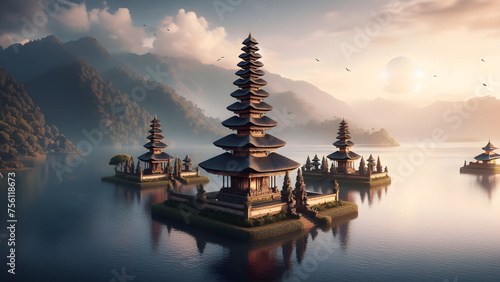 a group of pagodas in the middle of a lake