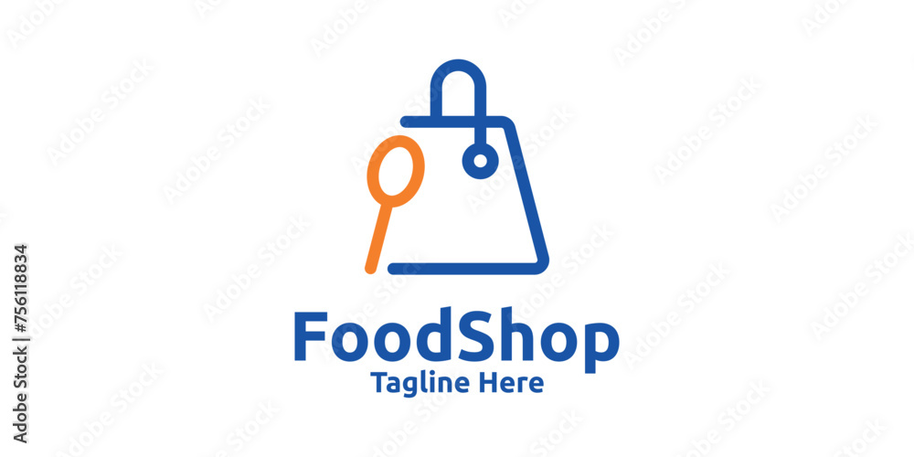 food shop logo design, shopping spoons and bags, logo design templates, symbols, creative ideas.
