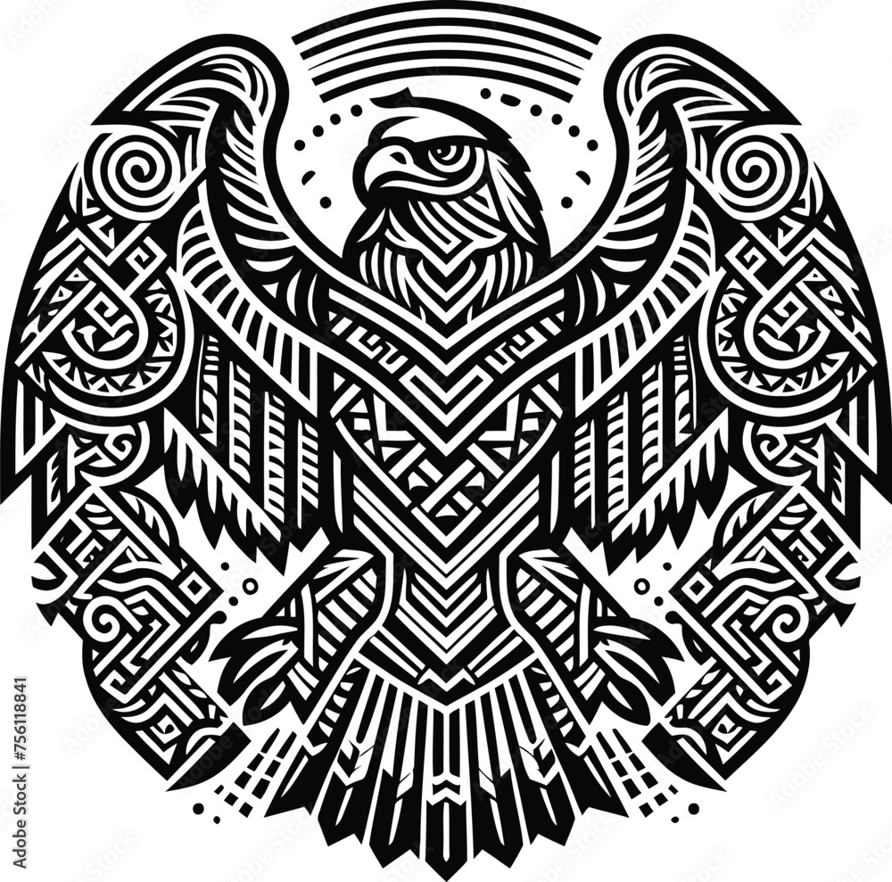 eagle, hawk bird, animal silhouette in ethnic tribal tattoo,