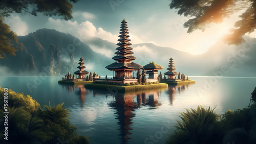 a group of pagodas in the middle of a lake
