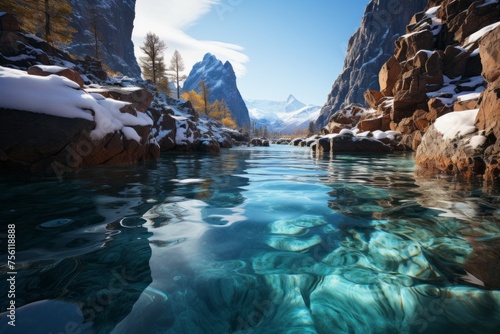 a river surrounded by snow covered mountains in the mountains