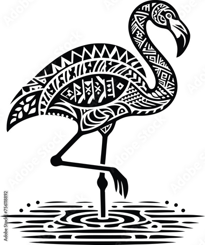 flamingo bird, animal silhouette in ethnic tribal tattoo,