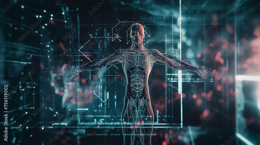 Human Anatomy Explored, High-Tech Visualization of the Human Body with Digital Connections and Data Points


