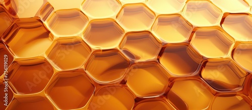 Abstract representation of a honeycomb with a hexagonal pattern and honey-colored cells containing liquid-like shapes.