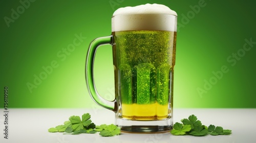 Cold green Beer with foam in a mug with Four-Leaf Clovers on green background, St. Patricks Day Celebration