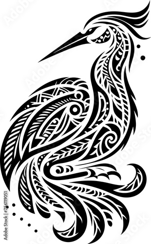 heron, crane, egret bird, animal silhouette in ethnic tribal tattoo,