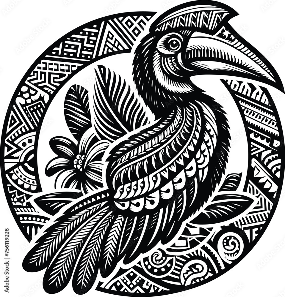 hornbill bird, animal silhouette in ethnic tribal tattoo,


