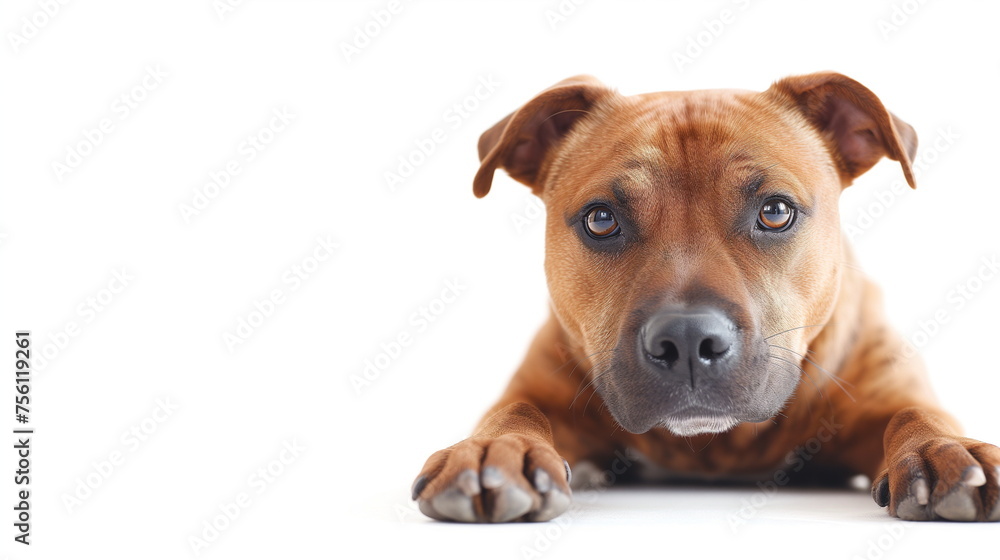 Obraz premium A close-up of the face a brown staffordshire bull terrier dog lying prostrate with a looking at the camera in a studio with a white background. Pet advertising concept. Copy space. Generative AI