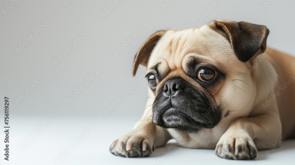 A close-up of a pug dog lying prostrate with a sad expression in a studio with a gray background. Pet advertising concept. Copy space. Generative AI