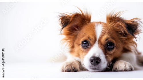 A close-up of the face a baby papillon dog lying prostrate with a looking at the camera in a studio with a white background. Pet advertising concept. Copy space. Generative AI © seogi