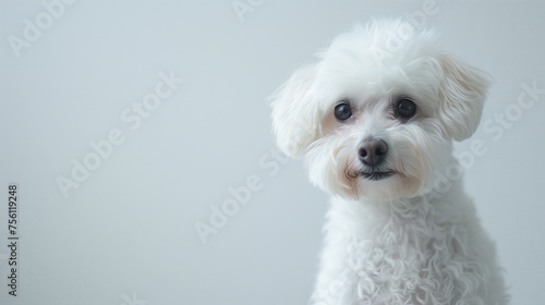 Close-up of a white Bichon Frise puppy sitting in a studio on a light gray background and looking at the camera. Copy space. Pet advertising concept. Generative AI