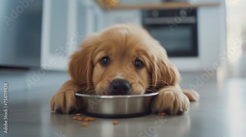 A hungry brown baby Golden Retriever rests his face on a stainless steel food bowl. Pet food advertising concept. Close up. Generative AI