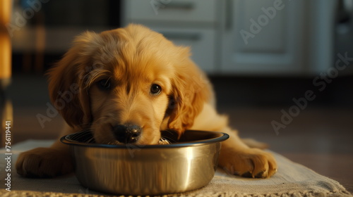 A hungry brown baby Golden Retriever rests his face on a stainless dog food bowl. Pet food advertising concept. Close up. Generative AI
