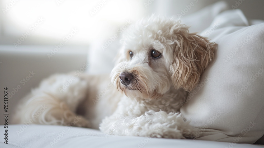 A curly, white-furred puppy lying face down on a white sofa with a sad expression. Poodle, Maltipoo, Goldendoodle. Pet advertising. Close-up. Generative AI A curly, white-furred puppy lying face down on a white sofa with a sad expression. Poodle, Maltipoo, Goldendoodle. Pet advertising. Close-up. Generative AI