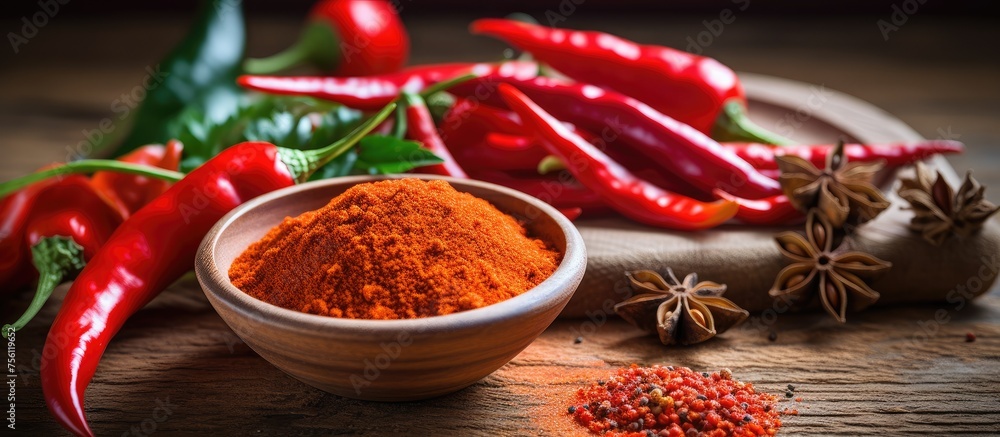 A bowl of chili powder and a bunch of red peppers are displayed on a wooden table, ready to be used as ingredients in a spicy dish
