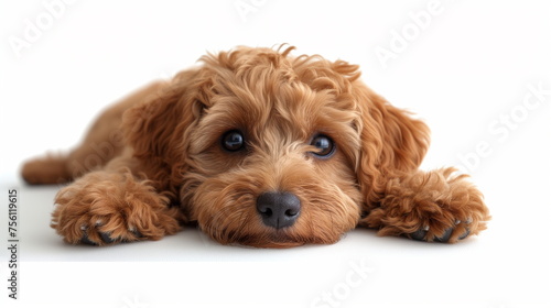 Close-up of a young brown Golden doodle puppy lying down in a white background studio and looking at the camera. Pet advertising concept. Generating AI