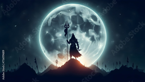 a silhouette of lord shiva with a spear standing in front of a full moon