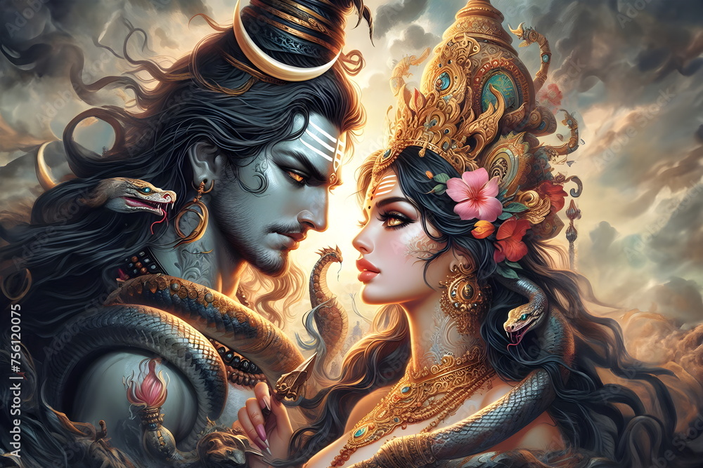 a woman with a head of a demon and a man with a snake, lord shiva
