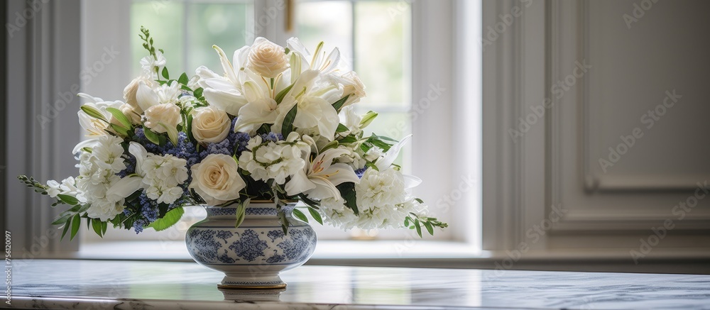Elegant flowers displayed in a vase in a high-end home with marble flooring and white walls Elegant flowers displayed in a vase in a high-end home with marble flooring and white walls
