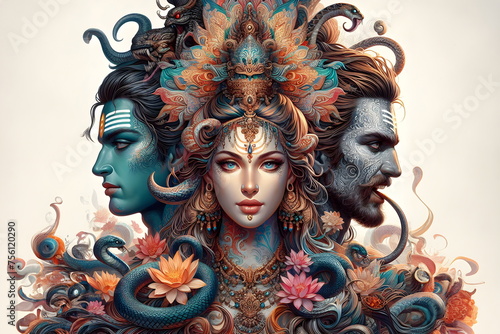 a woman with a head of a demon and a man with a snake, lord shiva photo