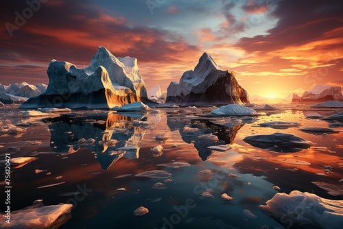 Icebergs float in water with a sunset backdrop in the natural landscape © JackDong