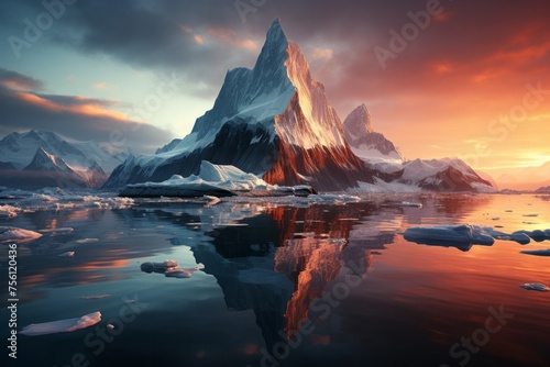 Mountain peak mirrored in water at sunset, creating a stunning natural landscape