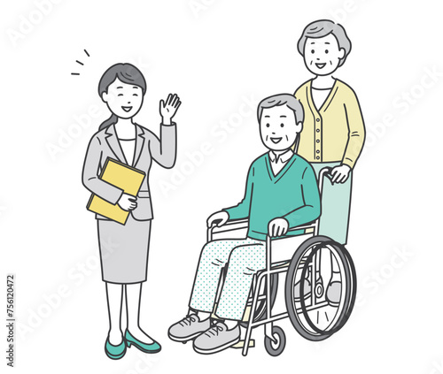 スーツ姿の女性から説明を受ける高齢者男女夫婦イラスト