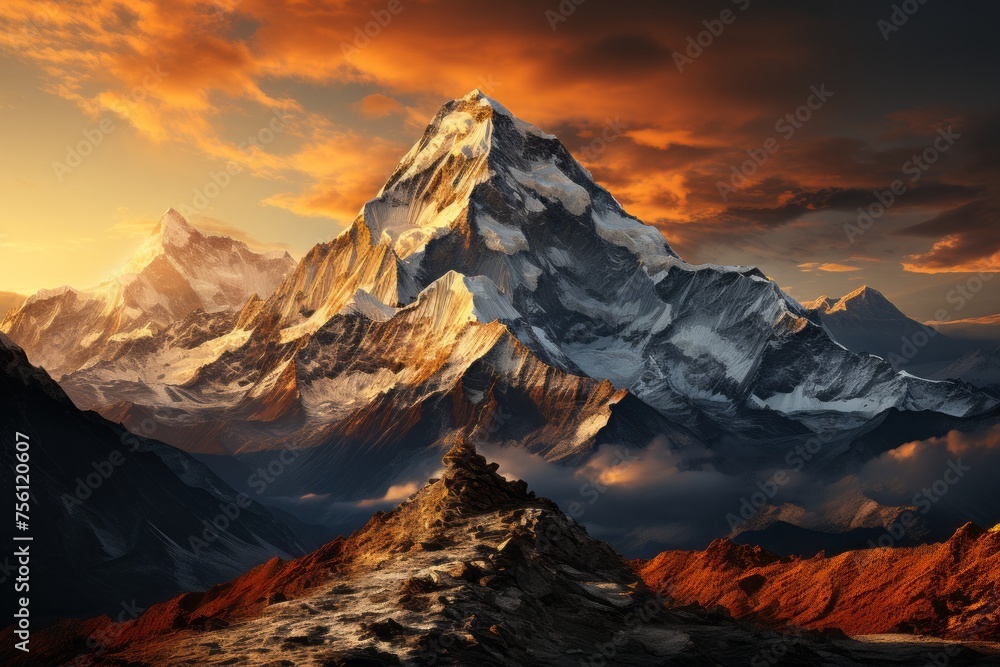 Majestic mountain capped in snow under a sunset sky