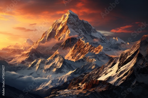 Snowcovered mountain at sunset, with cloudy sky in the background