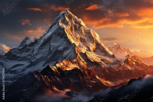 Snowy mountain silhouette against a colorful sunset sky