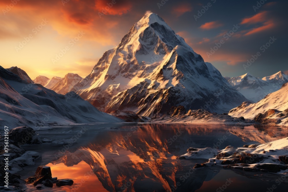 Snowy mountain reflected in lake at sunset, creating stunning natural landscape