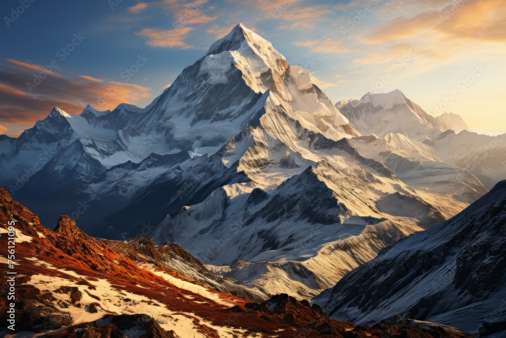 Snowy mountain with sunset backdrop in natural landscape