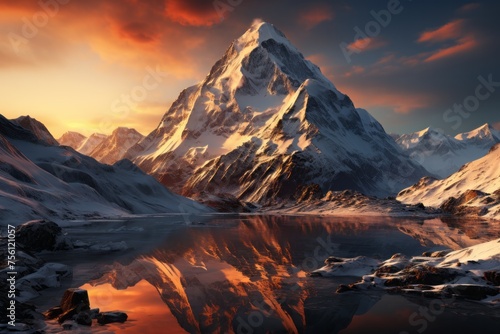Snowy mountain reflected in lake at sunset, creating stunning natural landscape