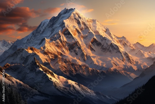 Snowcovered mountain at sunset with cloudy sky in the background