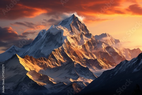 Snowcovered mountain at sunset with sun shining through clouds