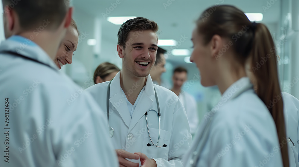 A group of four doctors in white coats and stethoscopes are talking and laughing together. White doctors are enjoying themselves with each other on a blurred hospital background. A group of four doctors in white coats and stethoscopes are talking and laughing together. White doctors are enjoying themselves with each other on a blurred hospital background.