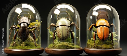 Three glass dome displays showcase three different types of beetles, encased in symmetry. Featuring automotive lighting, metal, and a touch of art and history photo