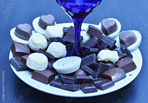 Assorted chocolates arranged around a blue wine glass. (ID: 756121692)