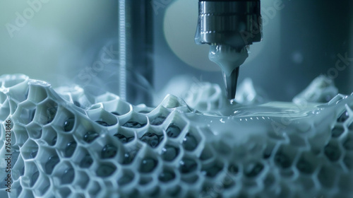 A detailed shot of a 3D printer nozzle depositing layers of programmable matter depicting the manufacturing process of these innovative materials. photo