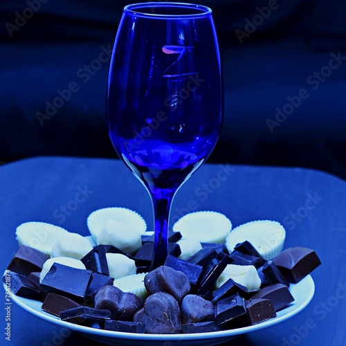 Assorted chocolates arranged around a blue wine glass. (ID: 756121874)