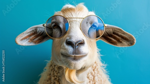 Quirky goat wearing sunglasses on pastel background, copy space available for text