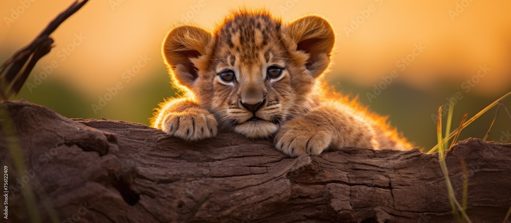 A Felidae organism, carnivorous by nature, a lion cub with whiskers is perched on a log in the woods. This terrestrial animal is part of the big cats family, known for their fur and hunting skills A Felidae organism, carnivorous by nature, a lion cub with whiskers is perched on a log in the woods. This terrestrial animal is part of the big cats family, known for their fur and hunting skills