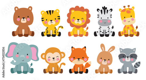 Cute wild animals cartoon sitting vector illustration. Baby shower woodland animals set including a bear, tiger, lion, zebra, giraffe, elephant, monkey, fox, rabbit, and raccoon. © JungleOutThere