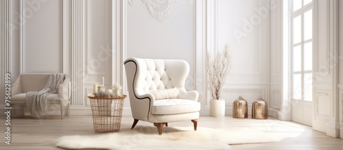 Luxurious white interior featuring an elegant armchair