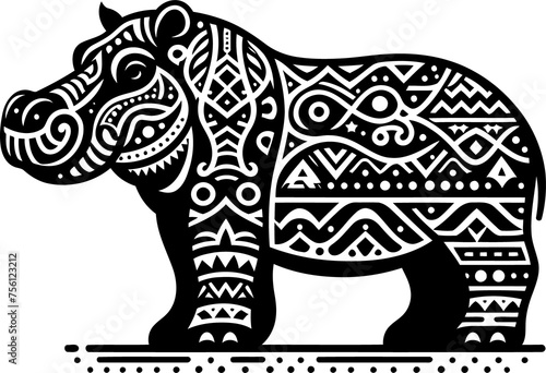 hippo, animal silhouette in ethnic tribal tattoo,