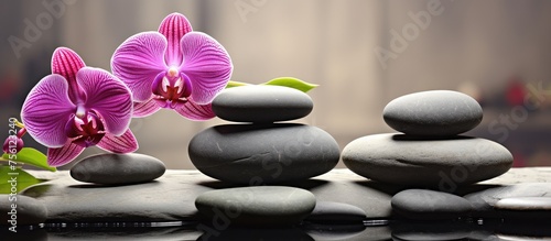 A purple orchid  a terrestrial plant  is elegantly positioned on a stack of rocks  showcasing its vibrant petals. The flowerpot adds a touch of elegance to the scene