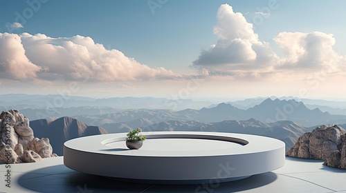 3d circle rock podium product stand or display with sky and cloud background and cinematic light