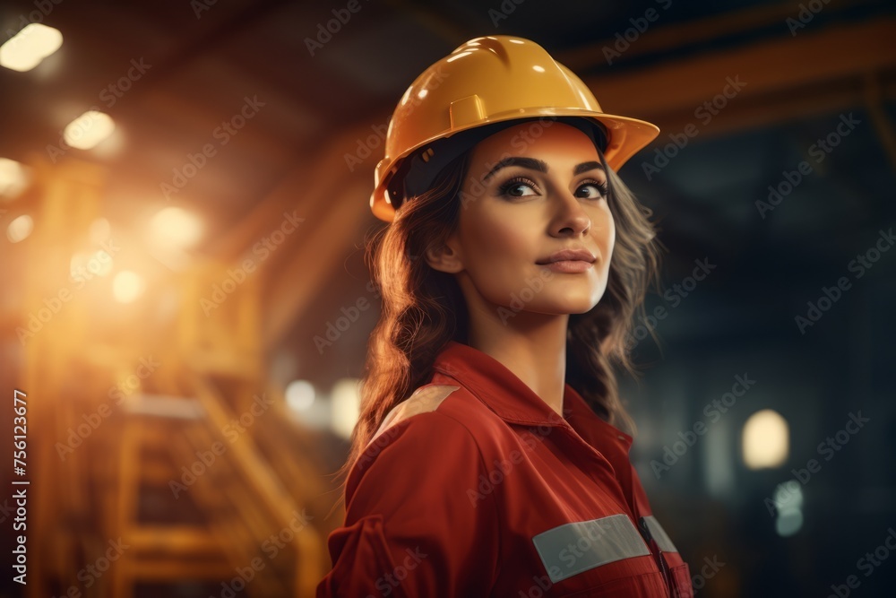 Ai generated of young woman engineer in uniform helmet standing and posing cross arm in industrial factory background with sunset light. female technician worker technician in manufacturing factory. Ai generated of young woman engineer in uniform helmet standing and posing cross arm in industrial factory background with sunset light. female technician worker technician in manufacturing factory.